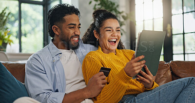 Buy stock photo Happy couple, credit card and tablet on sofa for online shopping, sale and easy payment in living room. People, digital banking and excited with fintech app, deal or discount with ecommerce at house
