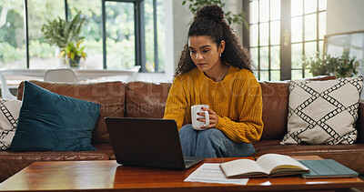Buy stock photo Woman, journalist and laptop with coffee on sofa for online report, journalism or article in home. Female person, freelancer or copywriter with computer in house for remote work, research or proposal