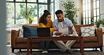 Home, couple and discussion with paperwork, financial analysis and checking info with laptop or app. Asset management, online and people with documents in living room, bills and planning in house