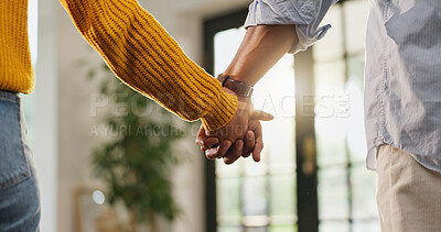 Buy stock photo Love, holding hands and care with couple in house for romantic connection, support and trust. Marriage, commitment and relationship partner with man and woman in living room of home for loyalty