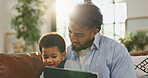 Father, boy and happy with tablet on sofa for elearning video, bonding and relax in living room. Man, dad and child with tech, game or streaming subscription for education cartoon at family home