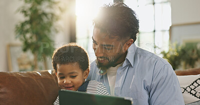 Buy stock photo Father, boy and happy with tablet on sofa for elearning video, bonding and relax in living room. Man, dad and child with tech, game or streaming subscription for education cartoon at family home