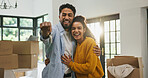 Hug, keys and moving with couple in new home for property, support and mortgage success. Real estate investment, celebration and relocation with portrait of man and woman in living room of house