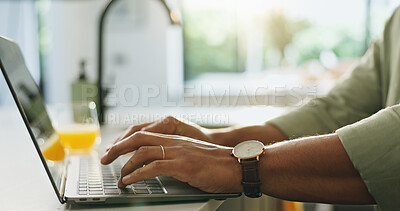 Buy stock photo Freelancer, hands and typing on laptop for editing, story draft and creative process or proposal in home. Writer, remote work or person with tech in kitchen for proofreading, writing article or blog 
