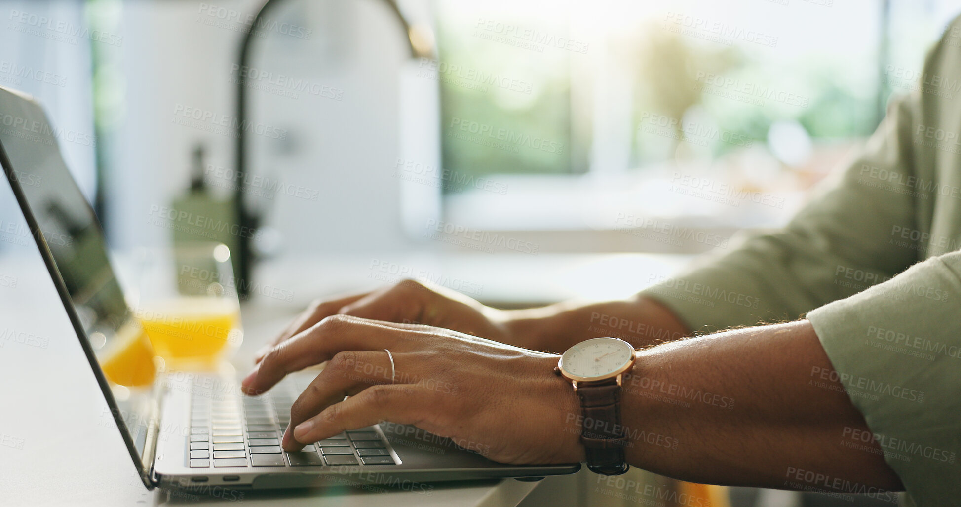 Buy stock photo Freelancer, hands and typing on laptop for editing, story draft and creative process or proposal in home. Writer, remote work or person with tech in kitchen for proofreading, writing article or blog 