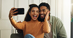 Bonding, couple and selfie in house, laughing and affection for memory on social media and together. Happy, man and profile picture with woman in home, romance and photography in apartment or smile