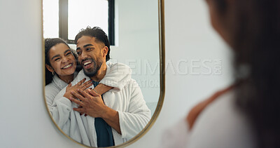 Buy stock photo Couple, hug and mirror in bathroom for skincare, hygiene and laughing together. Home, man and woman with reflection for beauty, happiness and embrace for love with morning routine for grooming
