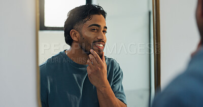 Buy stock photo Confidence, happy and man in bathroom to check for skincare, grooming and facial results in home. Dermatology, reflection and person with smile for hygiene, wellness and cleaning for morning routine