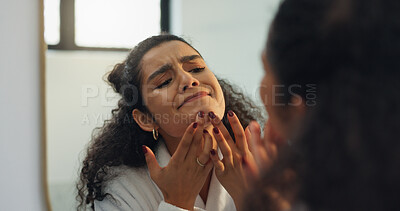 Buy stock photo Woman, mirror and pimple for skincare in bathroom for acne, zit breakout and spread bacteria. Female person, reflection and check for blemish, allergic reaction and bad results of treatment at house