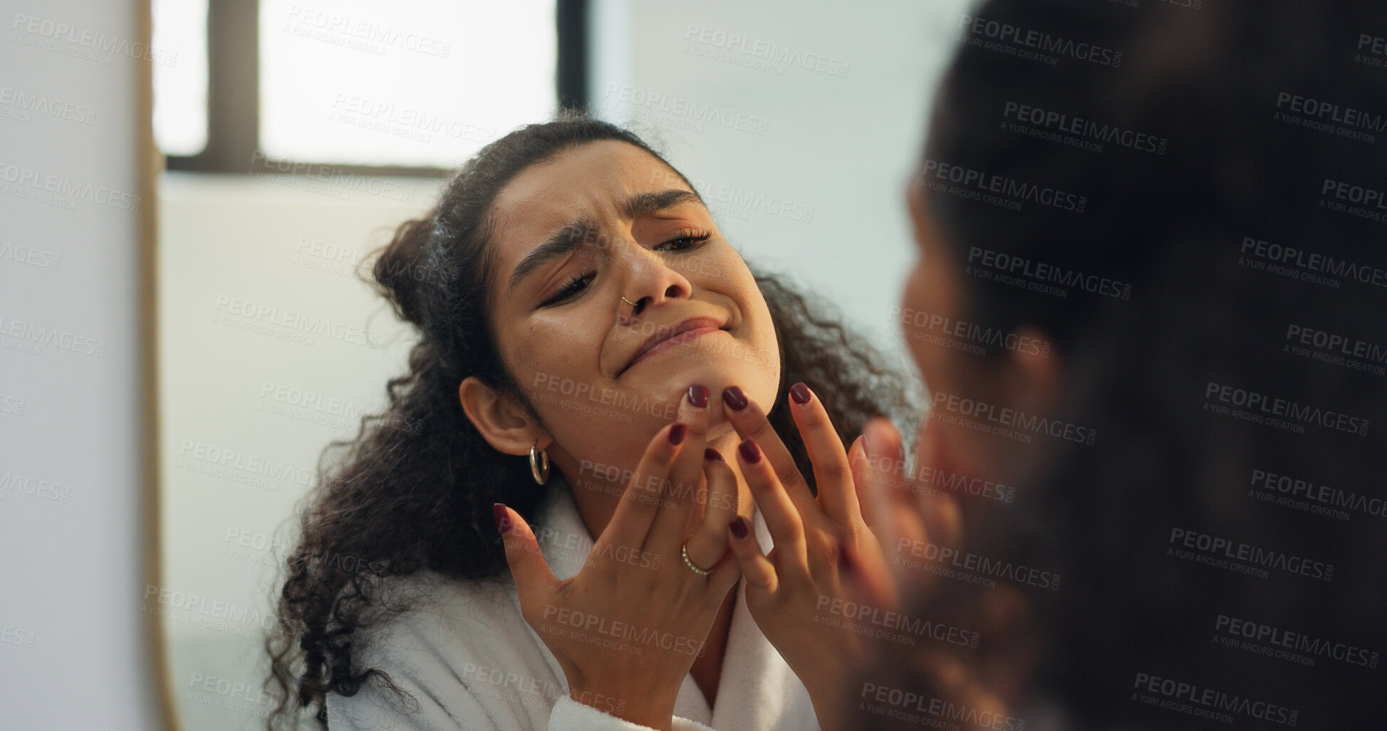 Buy stock photo Woman, mirror and pimple for skincare in bathroom for acne, zit breakout and spread bacteria. Female person, reflection and check for blemish, allergic reaction and bad results of treatment at house
