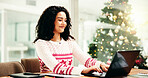 Woman, laptop and typing at Christmas, office and smile for, data with festive sweater at workplace. Person, computer and happy with click, stats and feedback with xmas jersey at insurance job