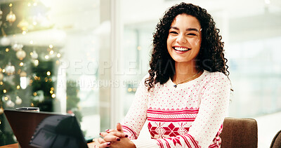 Buy stock photo Office, portrait or woman with smile, Christmas or confident for work on festive season or employee. Happy, person or marketing manager with tech on holiday, xmas sweater or pride in company and USA