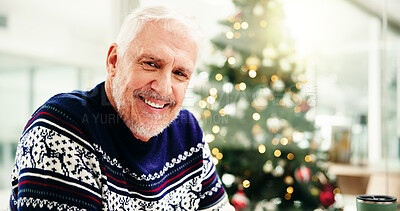 Buy stock photo Christmas, portrait and mature businessman in office, pride and confident editor in chief. Xmas, happy professional manager and startup with creative journalist, festive season and bokeh in USA