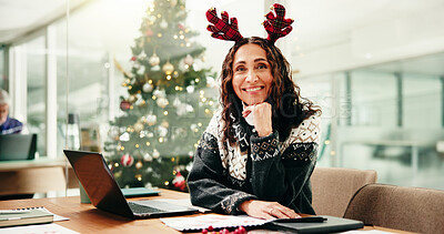Buy stock photo Portrait, employee and woman with smile, Christmas or confident for work on festive season or office. Happy, marketing manager and mature person with Xmas sweater, pride or decor for December holiday