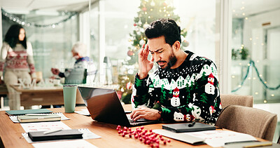 Buy stock photo Headache, Christmas and man in office with laptop for stress, burnout or fatigue for workload. Exhaustion, tired and male financial advisor with migraine for documents and computer in festive season.