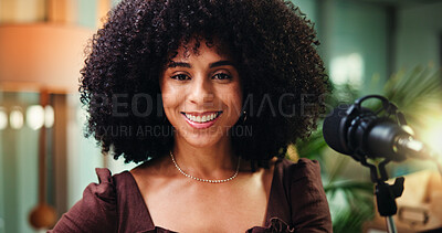 Buy stock photo Happy, influencer and portrait of woman with mic for radio broadcast, talk show and interview. Media agency, content creation and African person with tech for live stream, recording audio and hosting
