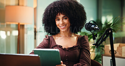 Buy stock photo Studio, tablet and portrait of woman with mic for broadcast, talk show and host interview. African influencer, content creation and person on tech with online questions for podcast, script or notes