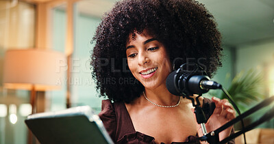 Buy stock photo Internet, radio and woman with smile, tablet and information with research for talk show. Journalist, content creation and person with tech, connection and email with microphone, app and happiness