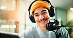 Headphones, podcast and portrait of man with mic for radio broadcast, talk show and interview. Media agency, content creation and person with equipment for live streaming, recording audio and hosting