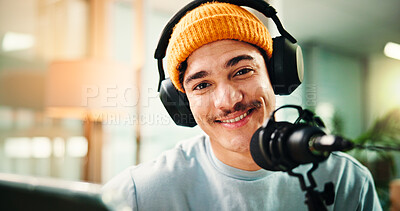 Buy stock photo Headphones, podcast and portrait of man with mic for radio broadcast, talk show and interview. Media agency, content creation and person with equipment for live streaming, recording audio and hosting