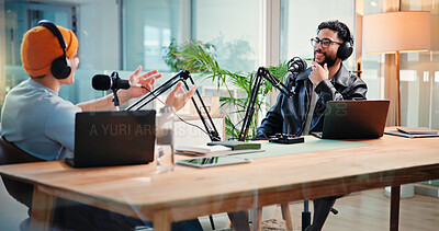 Buy stock photo Podcast, talking and men in studio with guest for interview, discussion and hosting conversation. Content creation, subscribe and people with mic for recording radio show, broadcast and live stream