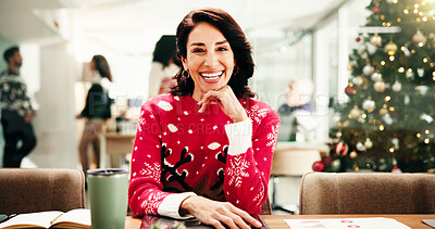 Buy stock photo Happy, Christmas and portrait of businesswoman in office with corporate festive season, party or event. Smile, xmas sweater and financial advisor with positive attitude for holiday in workplace.