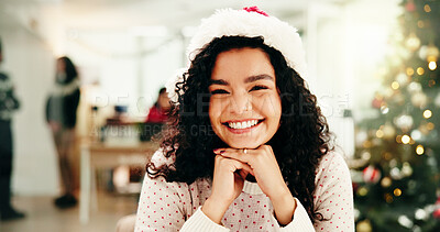 Buy stock photo Christmas, woman or portrait with santa hat in office for holiday celebration, work party or happy. Creative agency, person and smile with accessory at company for festive aesthetic or xmas tradition