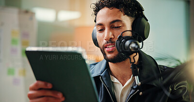 Buy stock photo Creative, influencer and man with mic, tablet and read script for episode, content creation and app. Live streaming, podcaster and person with tech for entertainment, online and host with headphones
