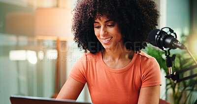 Buy stock photo Media expert, microphone and woman with laptop, influencer and internet with research. Talk show, content creation or person with tech, connection or email with website info, broadcast or news report