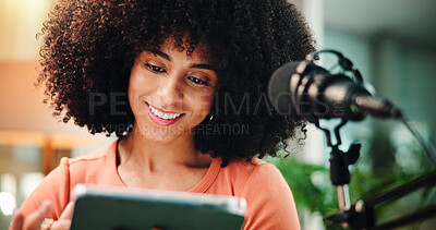 Buy stock photo Home, journalist and woman with tablet, microphone and internet with research for broadcast. Equipment, content creation and person with tech, connection or email with information, news report or app