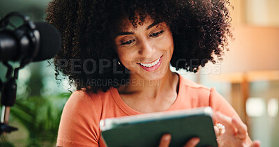 Buy stock photo Happy, tablet and woman in studio for podcast, broadcast and talk show at media agency. Radio producer, content creation and person on digital tech for planning script, interview and notes for host