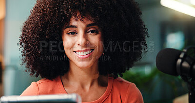 Buy stock photo Studio, podcast and portrait of woman with mic for broadcast, talk show and host interview. Influencer, content creation and person on tablet with online questions for radio, script or digital notes