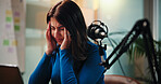 Live stream, headache and woman with stress by mic for news broadcast, burnout and talk show doubt. Laptop, radio presenter and migraine for recording glitch, podcast fail and overwhelmed in studio