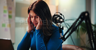Buy stock photo Live stream, headache and woman with stress by mic for news broadcast, burnout and talk show doubt. Laptop, radio presenter and migraine for recording glitch, podcast fail and overwhelmed in studio