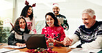 Celebration, colleagues and laptop in office, Christmas or happy for financial success and laughing. Online, boss and people with Xmas sweater in festive season, excited and achievement for business