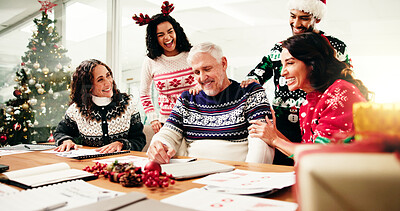 Buy stock photo Laughing, colleagues and documents in office, Christmas or excited for financial growth and success. Happy, boss or people with Xmas sweater in festive season, celebration or achievement for business