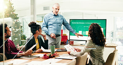 Buy stock photo Computer screen, presentation and review with business people at work for December sales performance. Christmas, infographic and meeting with employee team in boardroom for chart or graph discussion