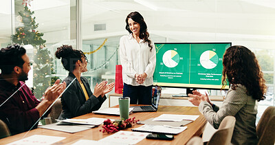 Buy stock photo Applause, meeting and presentation with business people in boardroom for Christmas sales performance. Computer screen, discussion and update with employee team clapping for charts or graphs in office