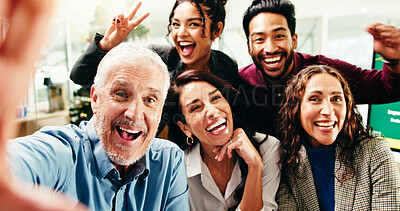 Buy stock photo Selfie, smile and portrait of business people in office for about us, memory or company social media. Happy, team building and financial employees with photography picture POV for bonding together.