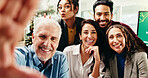 Selfie, team building and portrait of business people in office for about us, memory or company social media. Smile, happy and financial employees with photography picture for bonding together.