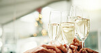 Hands, champagne toast and Christmas at office, celebration and festive event with drinks at company. Business people, glass and xmas party with alcohol drinks, team and sparkling wine at agency