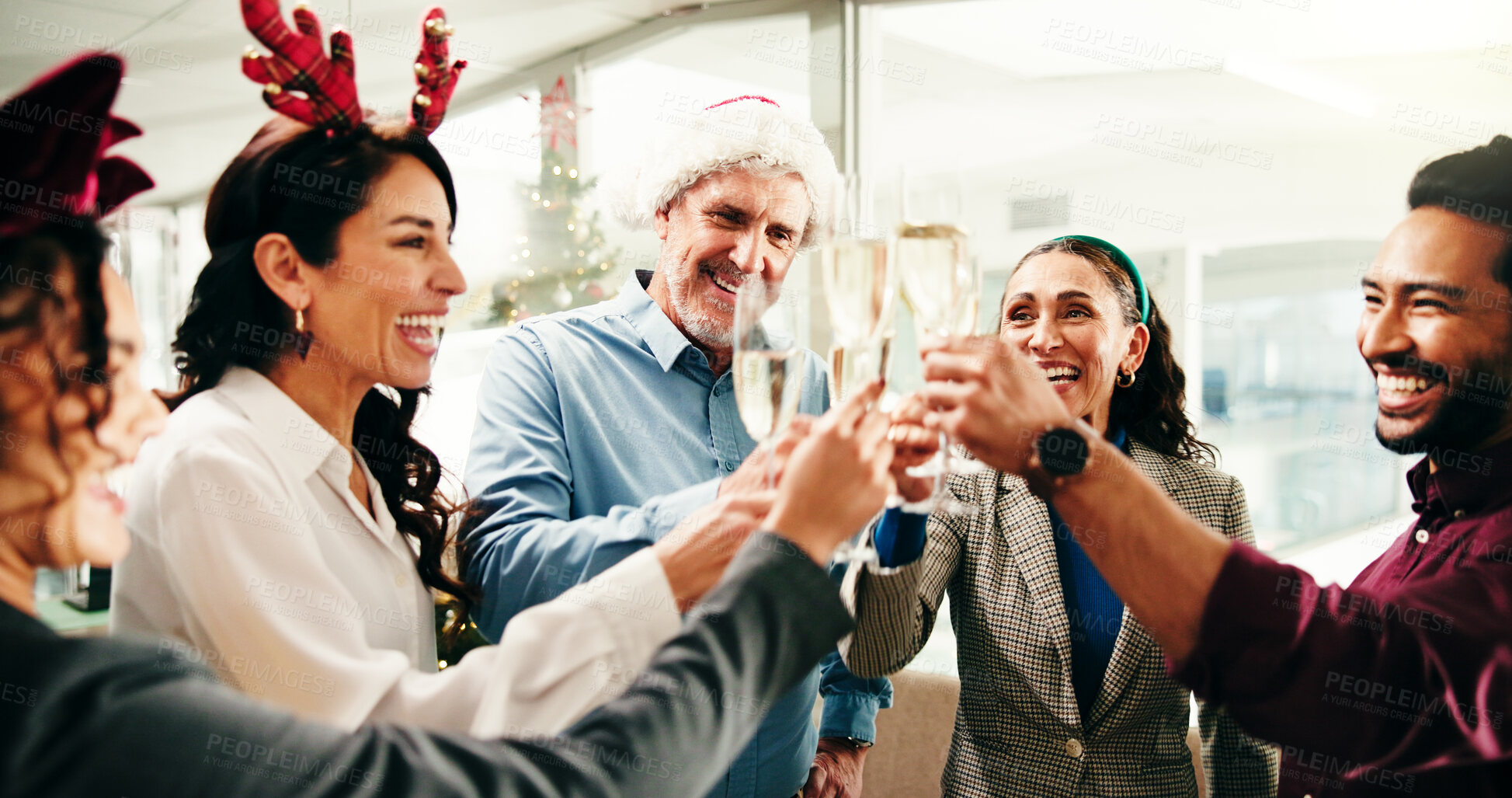 Buy stock photo Business people, champagne toast and Christmas at office, celebration and festive event with smile at company. Happy group, glass and xmas party with alcohol drinks, team and sparkling wine at agency