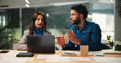 Buy stock photo Collaboration, laptop and meeting with business people in office together for discussion or planning. Computer, conversation and strategy with serious employee team at desk in workplace for ideas