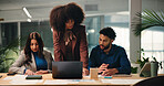 Collaboration, laptop and review with business people in office for education or training. Coaching, computer and feedback with employee team at desk in workplace for project management or update