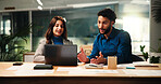 Collaboration, conversation and laptop with business people in office together for meeting or planning. Computer, discussion and strategy with employee team at desk in workplace for problem solving