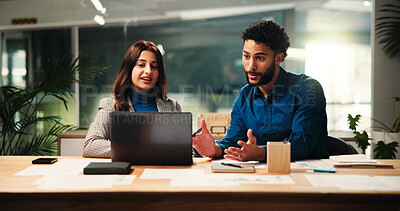 Buy stock photo Collaboration, conversation and laptop with business people in office together for meeting or planning. Computer, discussion and strategy with employee team at desk in workplace for problem solving