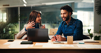 Buy stock photo Collaboration, laptop and planning with business people in office together for discussion or meeting. Computer, conversation and problem solving with employee team at desk in workplace for strategy