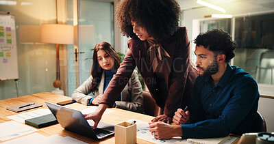 Buy stock photo Collaboration, laptop and pointing with business people in office for education or training. Coaching, computer and feedback with employee group at desk in workplace for project management or review