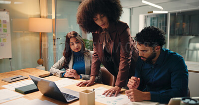 Buy stock photo Collaboration, documents and laptop with business people in office for education or training. Coaching, computer and paperwork with employee team at desk in workplace for project management or review