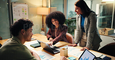 Buy stock photo Night, meeting and people with laptop, data analysis and report for campaign, discussion and online. Working late, collaboration and group with tech for stats, screen and planning with graph or chart